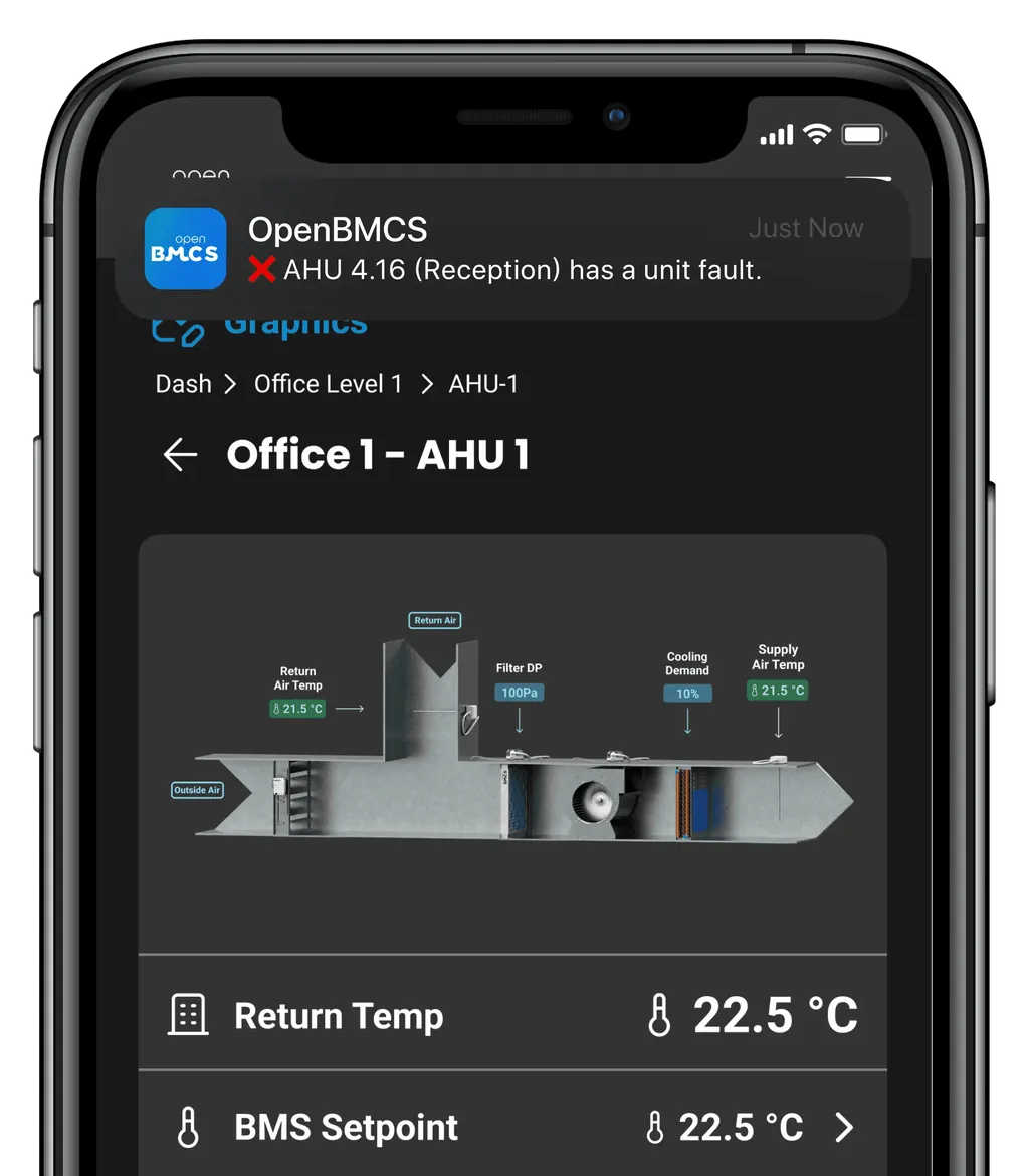iPhone showing an OpenBMCS AHU graphic with an incoming alarm notification.
