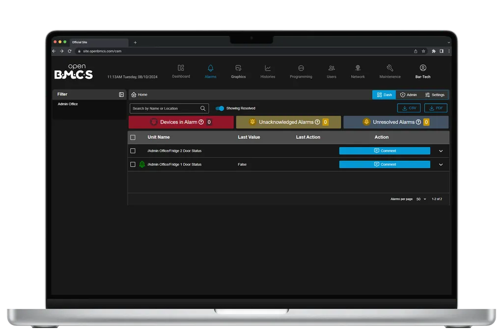 Laptop showing the alarm dashboard with priority counters and acknowledged rows