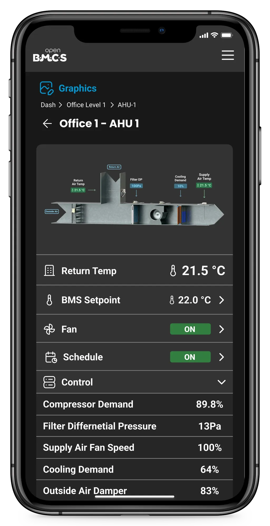 iPhone rendering an AHU graphic with live values