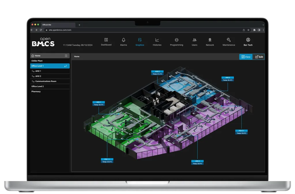 OpenBMCS Graphics Editor: 3D floorplan with live zone overlays.