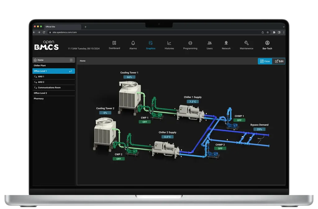 Chiller plant graphic with bound live data points