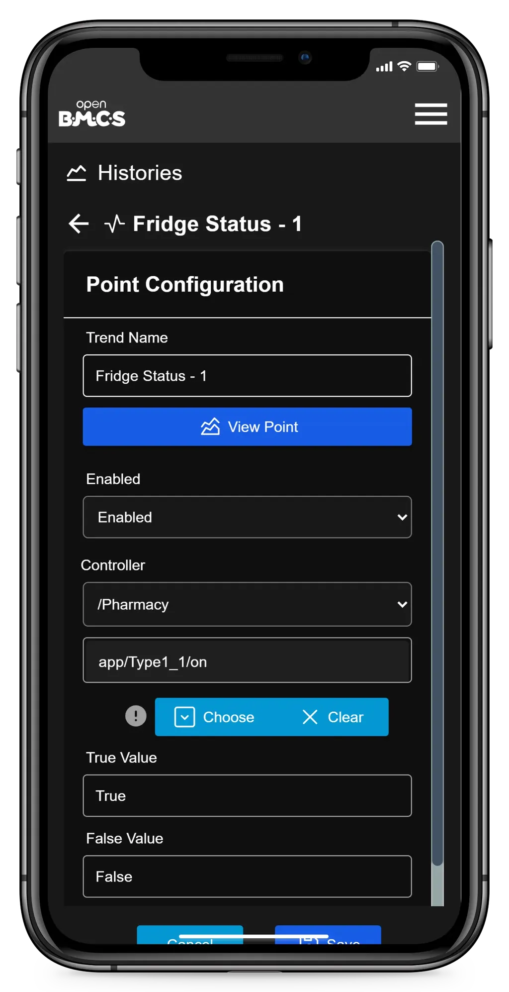 iPhone point configuration for a fridge status trend