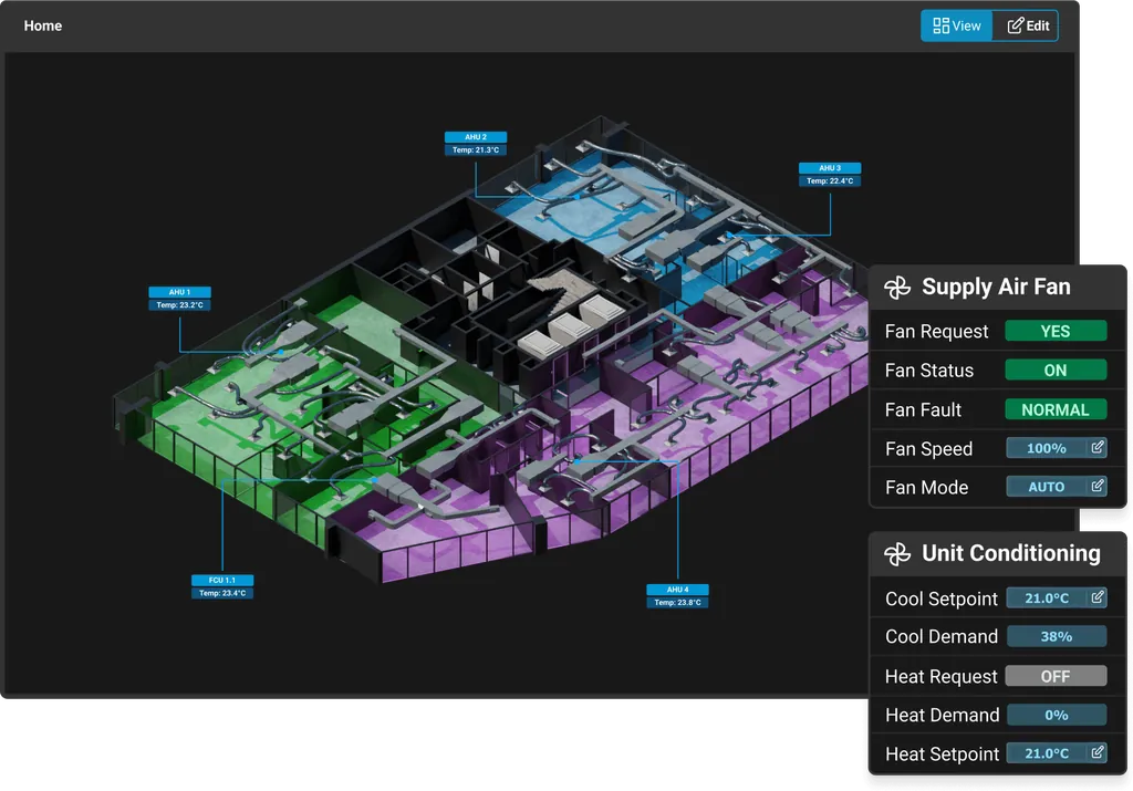 A 3D floorplan panel and control panels from the OpenBMCS Building Management System, showcasing an interactive interface with detailed layout and control options for managing building systems.