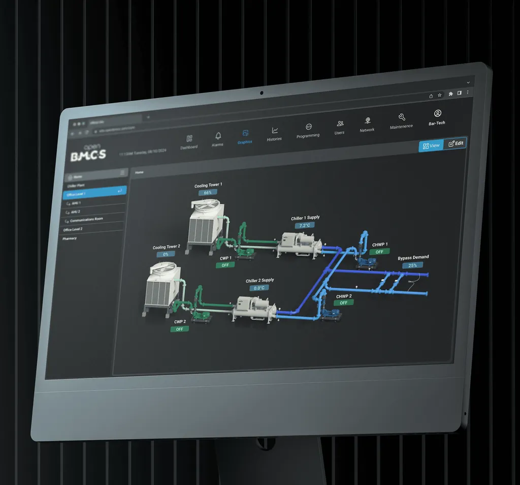 A monitor displaying a chilled water system page from the OpenBMCS BMS User Interface, showcasing a detailed schematic with interactive controls and system information.