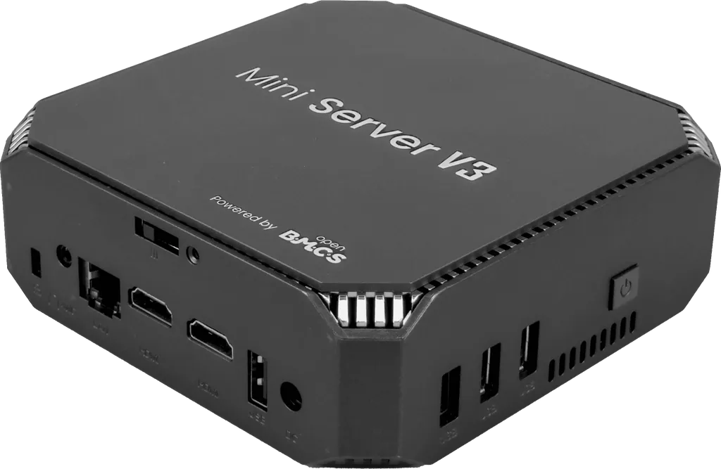 OpenBMCS Mini Server V3: angled render showing ports and chassis.
