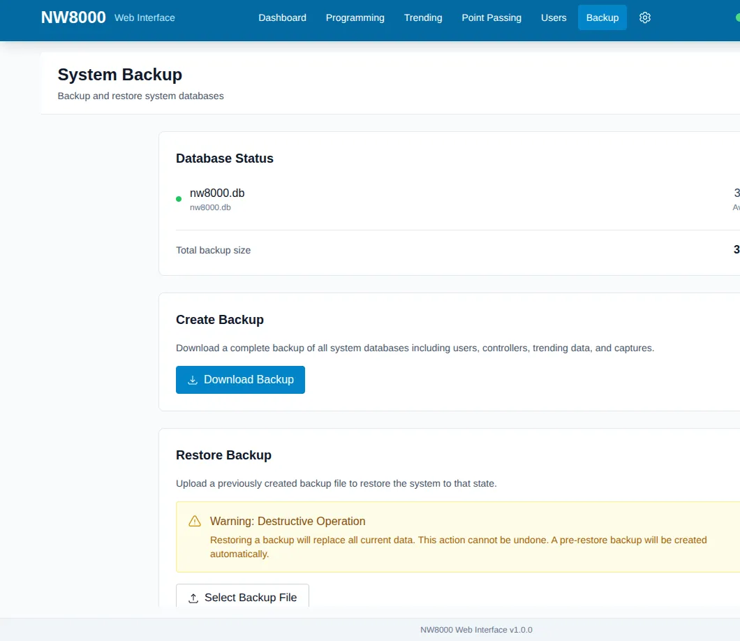 NW8000 site backup and restore interface