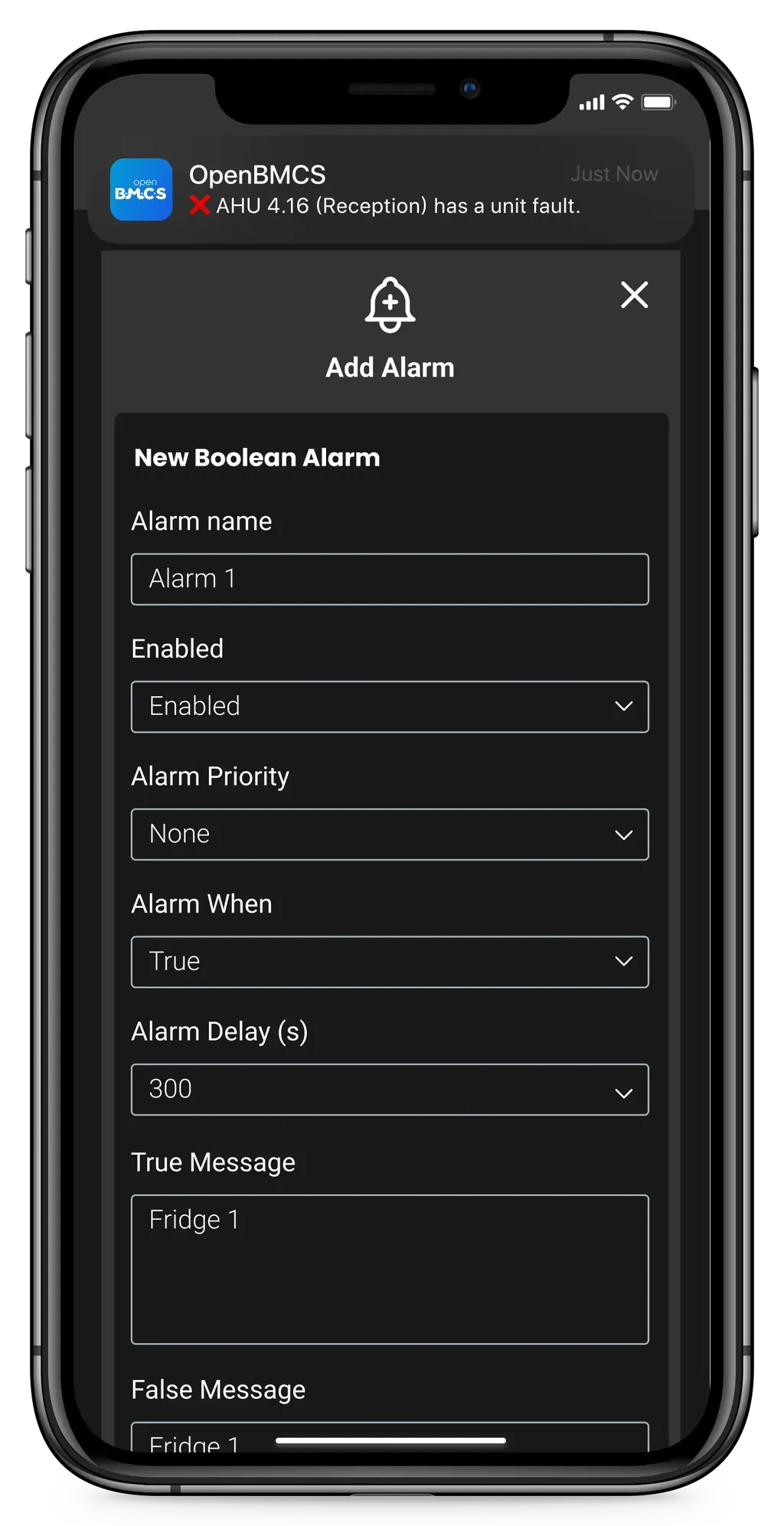 iPhone showing the OpenBMCS Add Alarm form with notification preview.