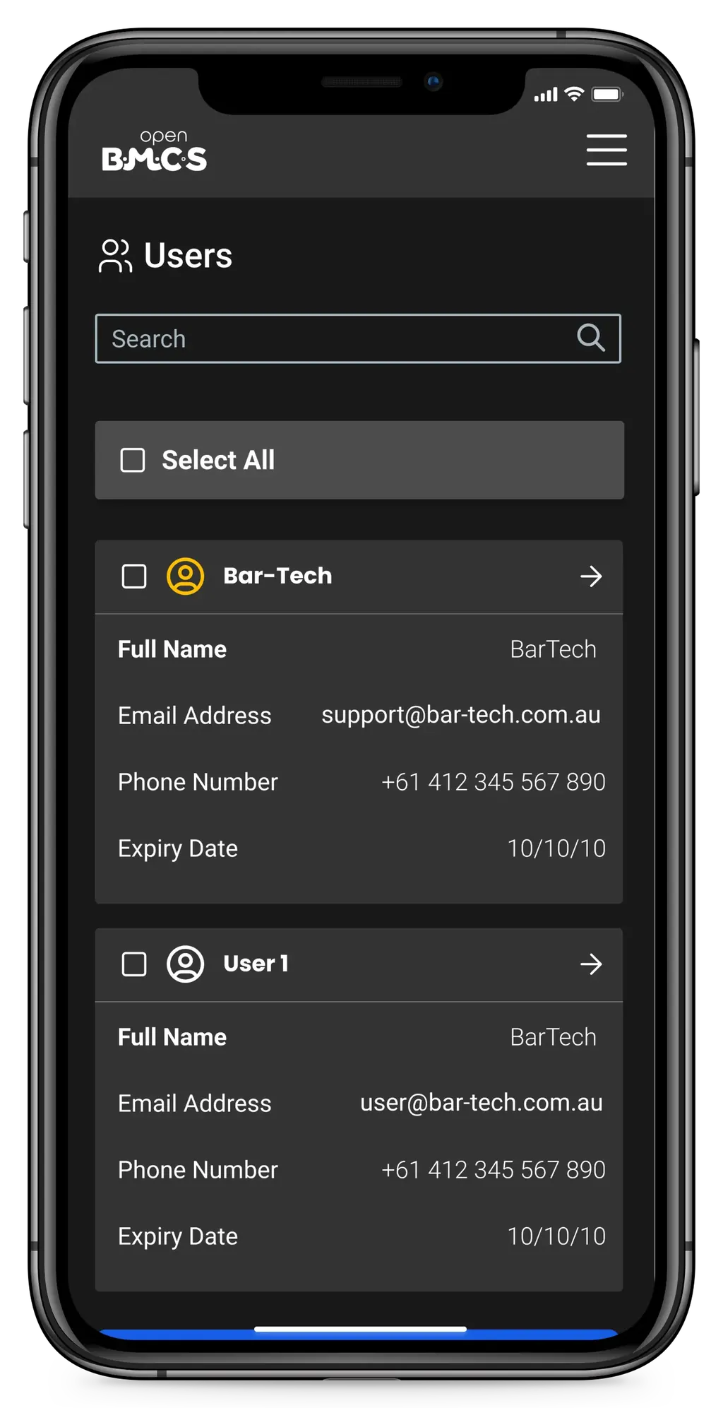 iPhone showing the OpenBMCS Users list with access controls.