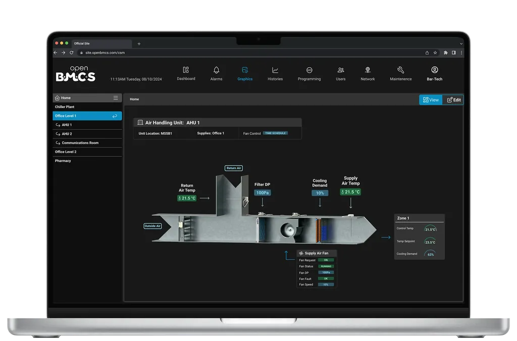 Laptop showing the OpenBMCS Graphics Editor with an AHU-1 live graphic.