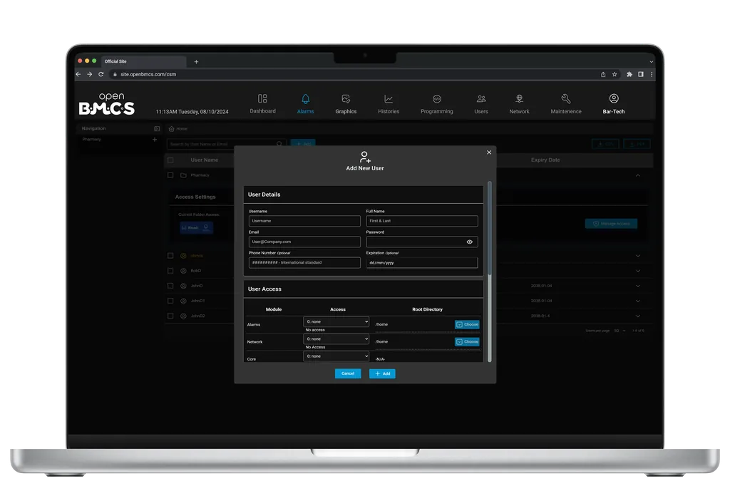 Add New User modal with per-module access toggles
