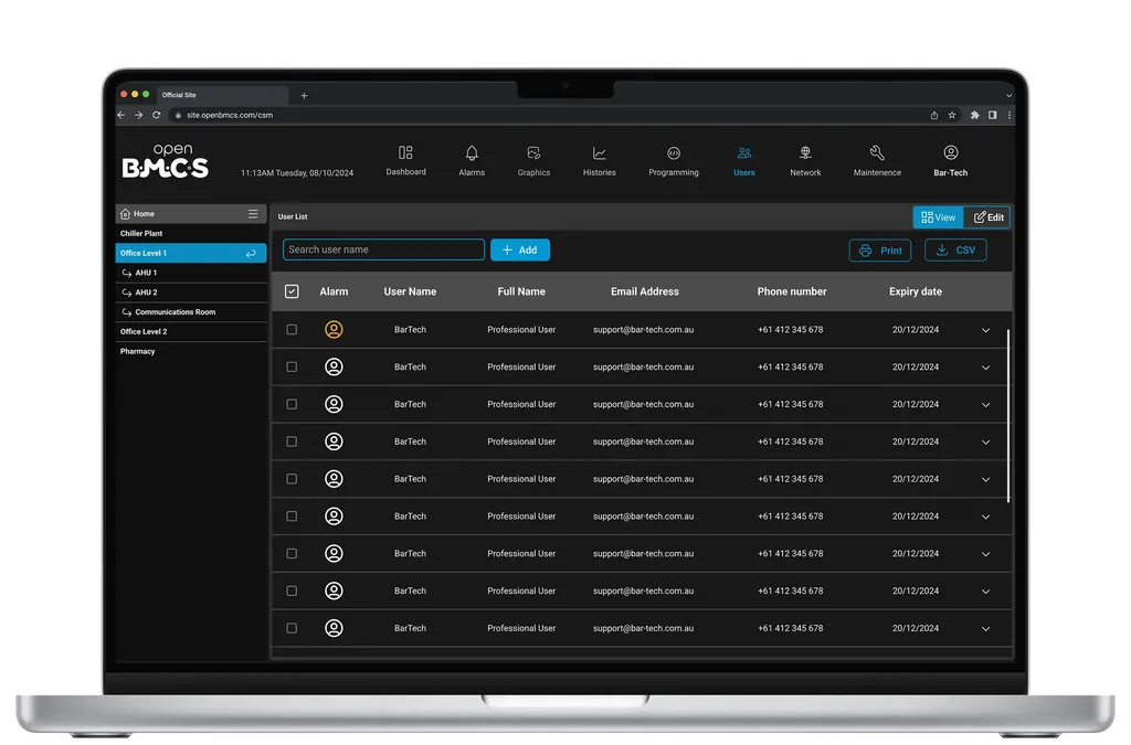 OpenBMCS User List with search, print, and CSV export controls.